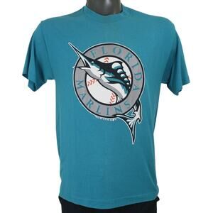 Vintage 90s Florida Marlins Single Stitch Big Logo Aqua Blue T-Shirt Mens L